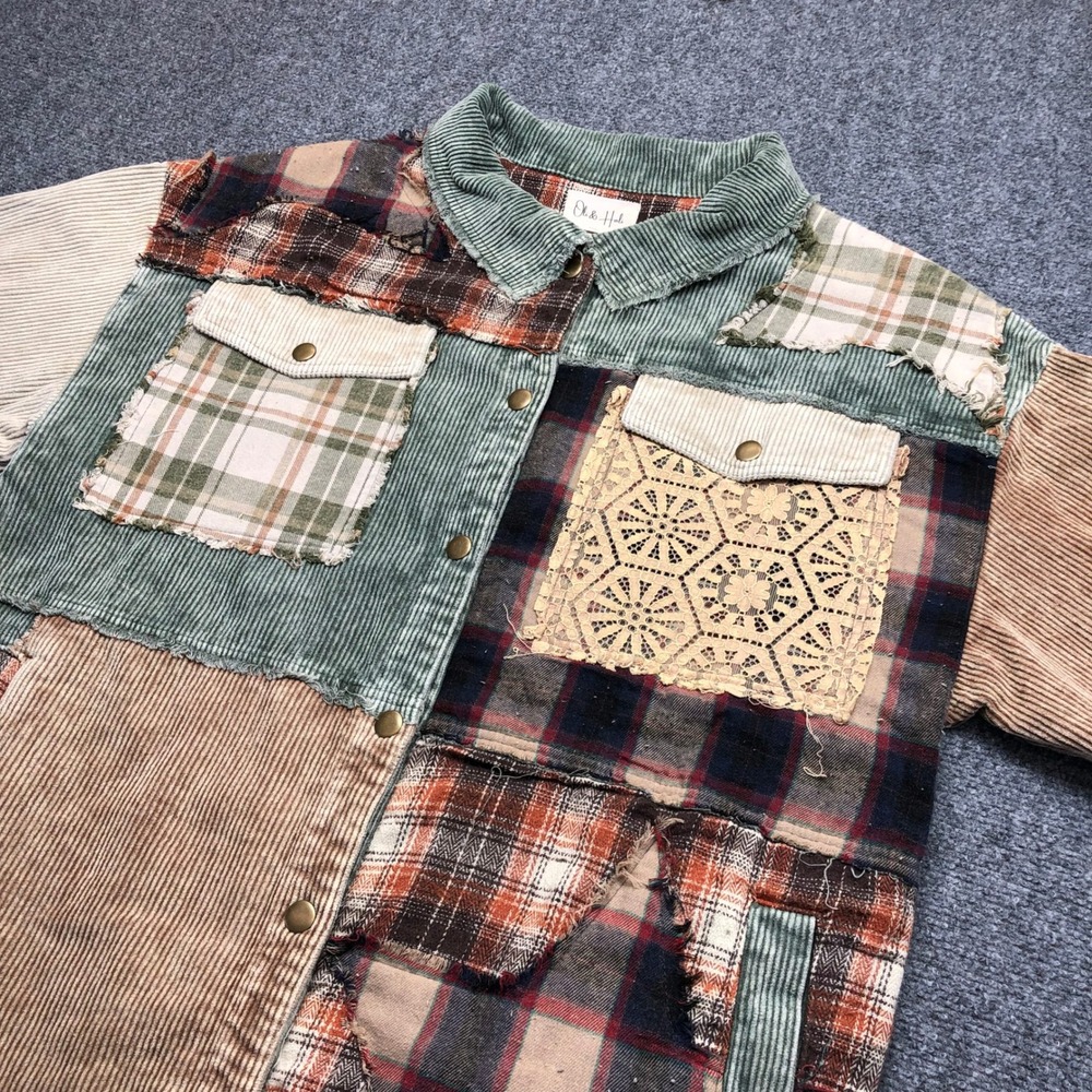 Oli & Hali Patchwork Corduroy Plaid Lace Shacket Long Jacket Women Large Boho - Picture 5 of 7